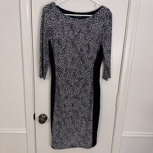 Womens Lauren Ralph Lauren Black/White Geometric Midi-Dress 3/4 Sleeve Size 8